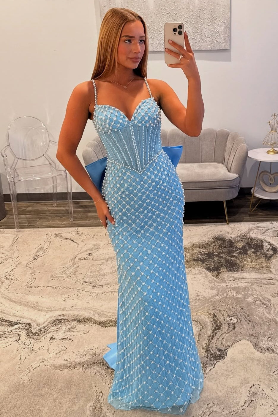 Luxurious Mermaid Spaghetti Straps Blue Long Prom Dress with Pearls