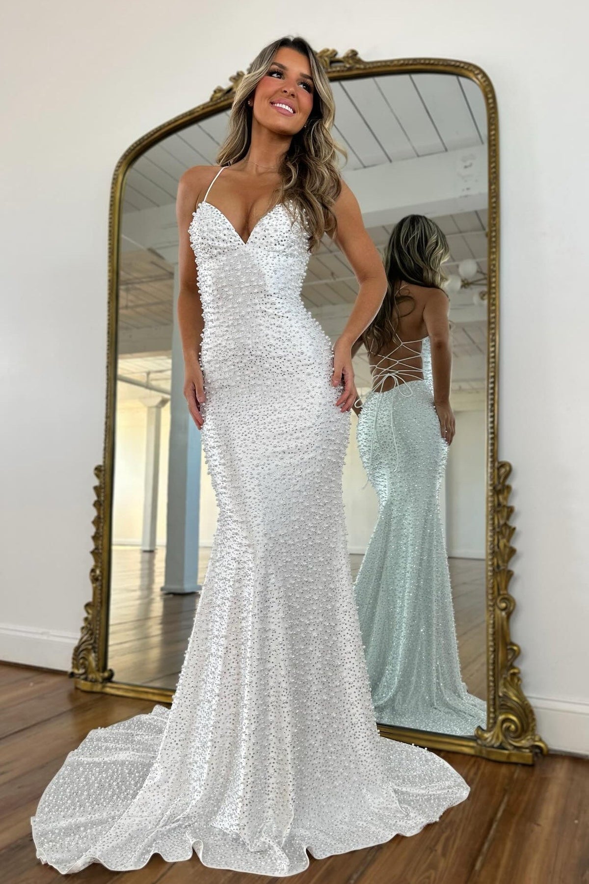 Glamorous Spaghetti Straps Light Blue Mermaid Prom Dress with Pearl Beaded - View 11 | FashionDia