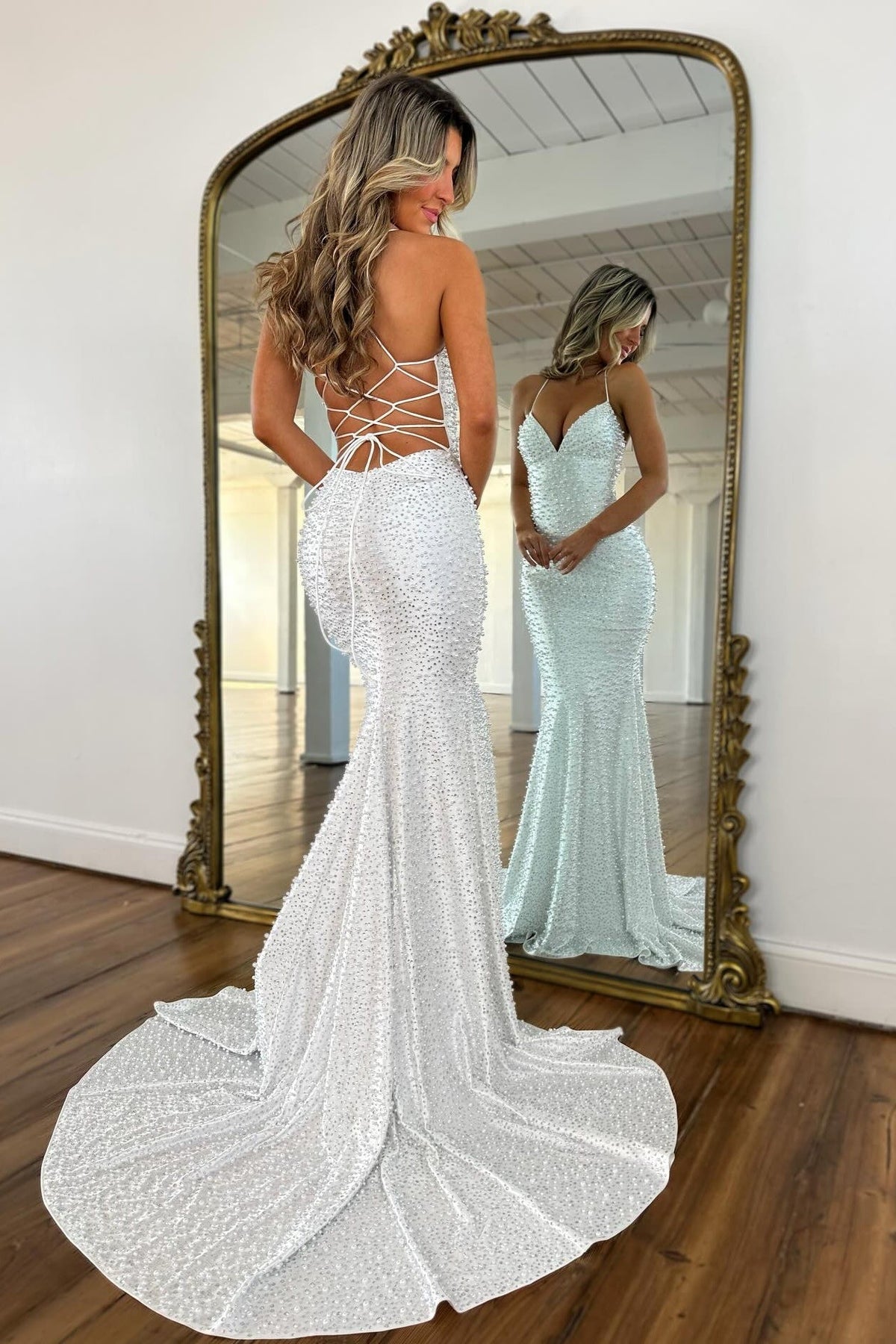Glamorous Spaghetti Straps Light Blue Mermaid Prom Dress with Pearl Beaded - View 12 | FashionDia