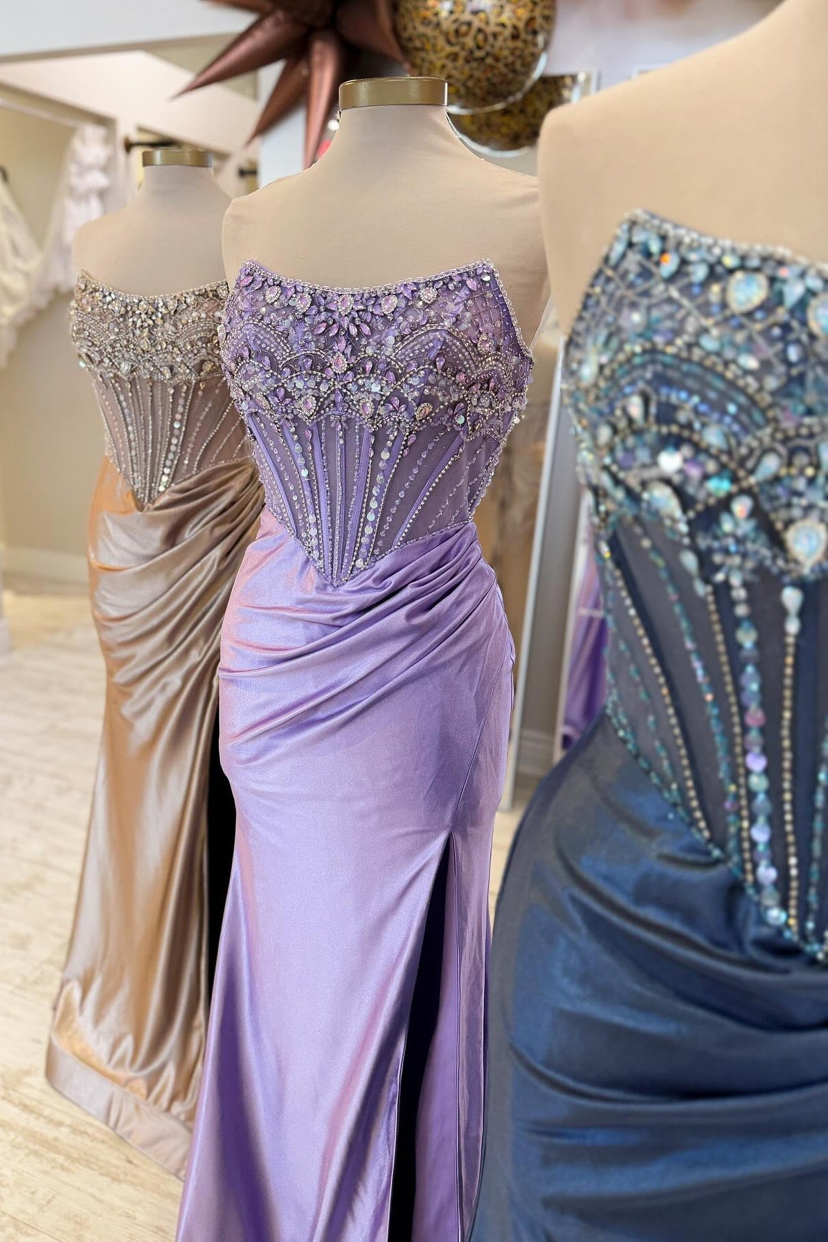 Luxurious Mermaid Strapless Dark Blue Corset Prom Dress with Beading - View 3 | FashionDia