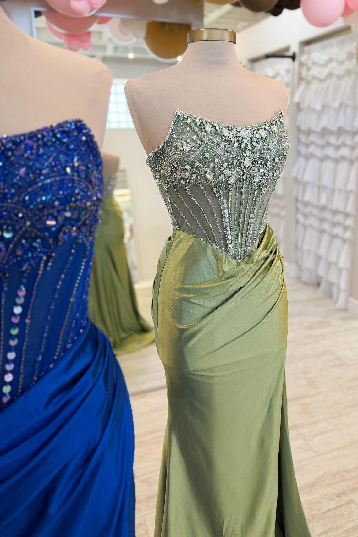Luxurious Mermaid Strapless Dark Blue Corset Prom Dress with Beading - View 5 | FashionDia