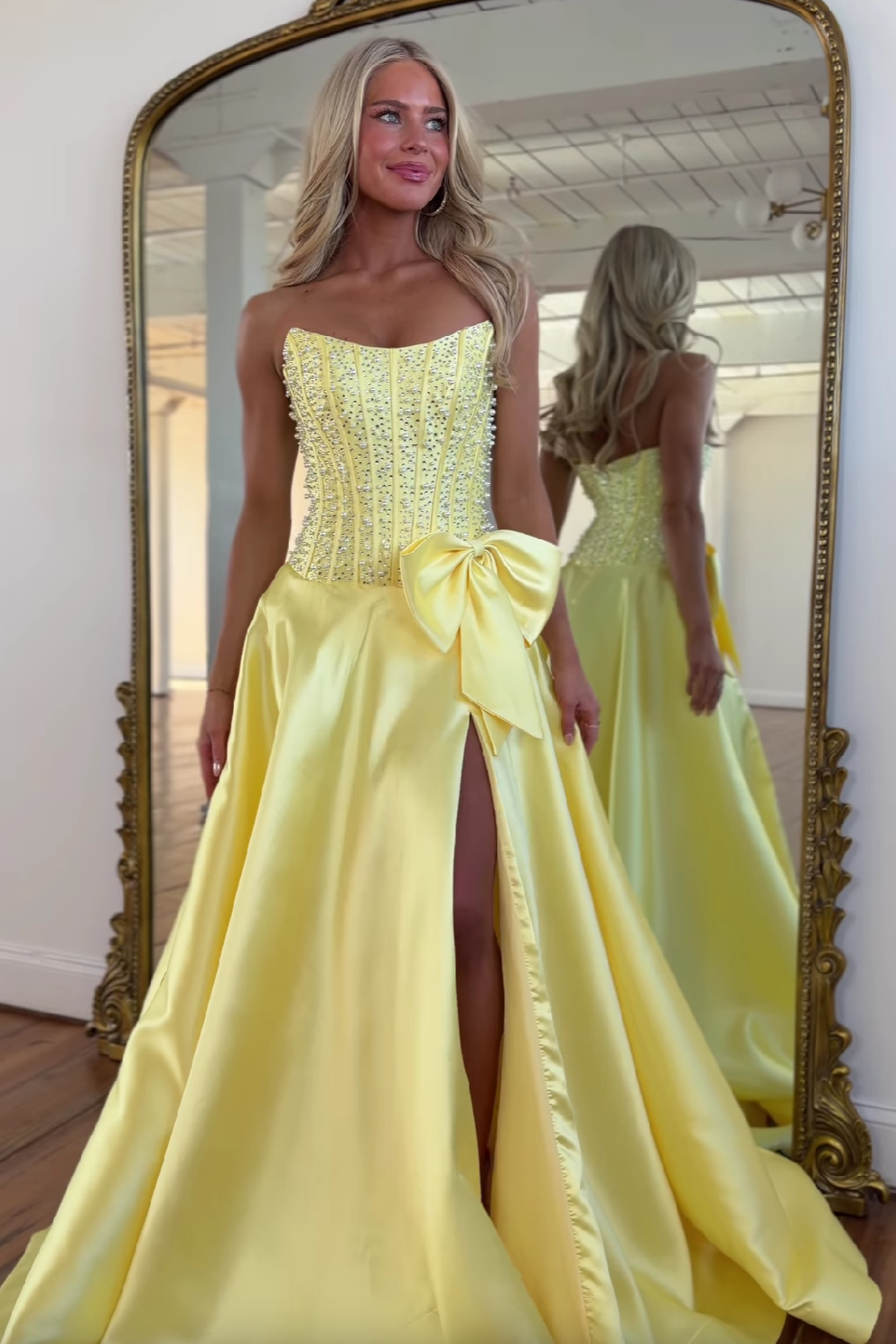 Charming A Line Strapless Yellow Satin Prom Dress with Beading Bowknot