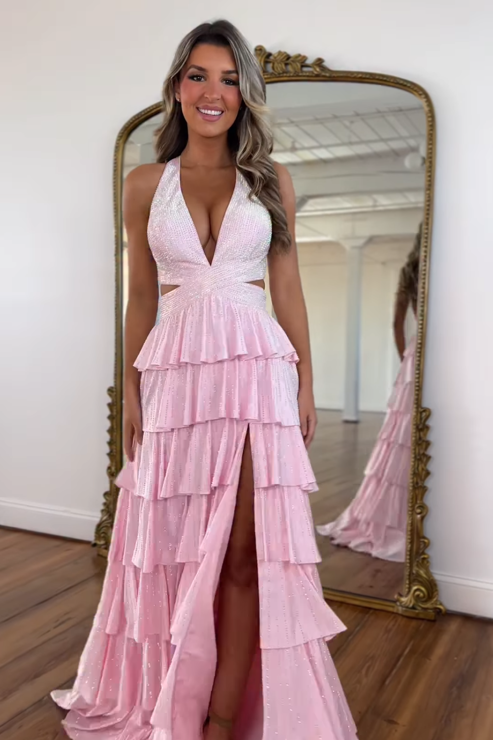 Luxurious Sparkly Mermaid Halter Long Tiered Beaded Prom Dress with High Slit