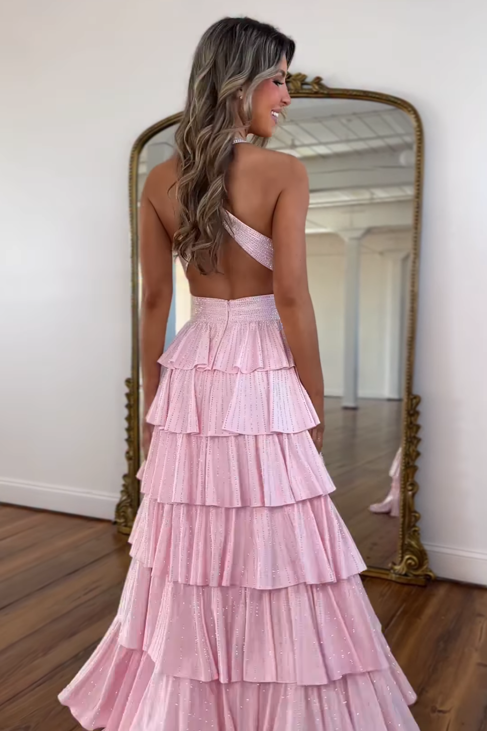 Luxurious Sparkly Mermaid Halter Long Tiered Beaded Prom Dress with High Slit