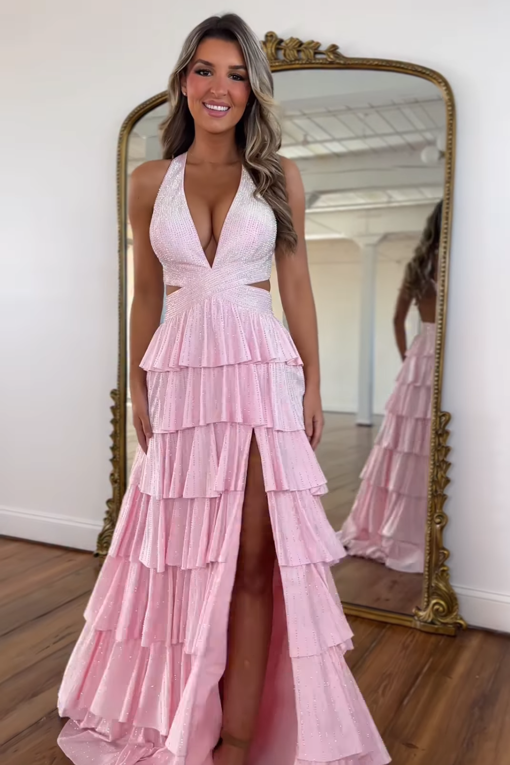 Luxurious Sparkly Mermaid Halter Long Tiered Beaded Prom Dress with High Slit