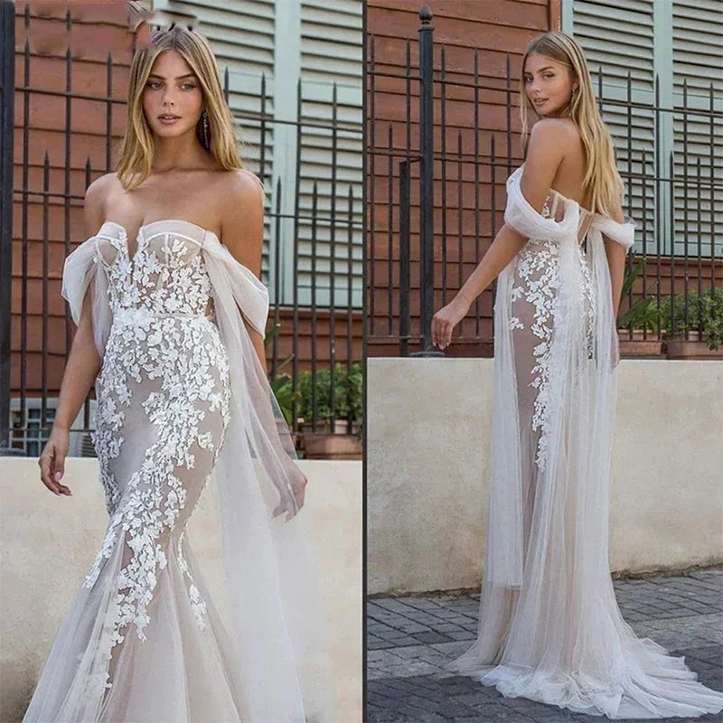 Luxury Applique Wedding Dress Women's Vestido De Noiva Plus Size Lace Mermaid Bridal Gownes Sexy Off Shoulder Sweetheart Seaside (ZD14191)