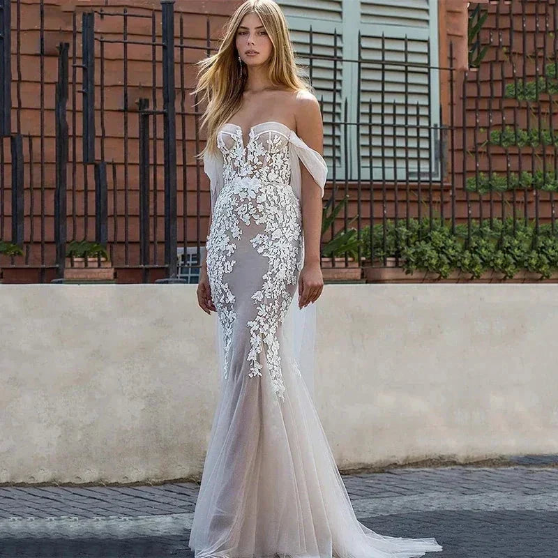 Luxury Applique Wedding Dress Women's Vestido De Noiva Plus Size Lace Mermaid Bridal Gownes Sexy Off Shoulder Sweetheart Seaside by payinti