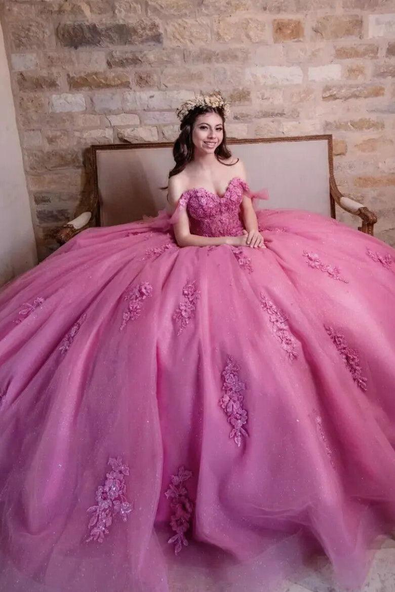 Luxury Ball Gown Off Shoulder 3D Flowers Lace Appliques Quinceanera Dress For Sweet 16