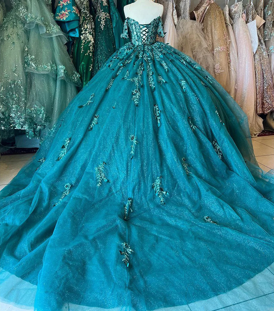 Luxury Ball Gown Off Shoulder Sweetheart Neck Beaded Flowers Lace Applique Emerald Green Tulle Princess Quinceanera Dresses For Sweet 16