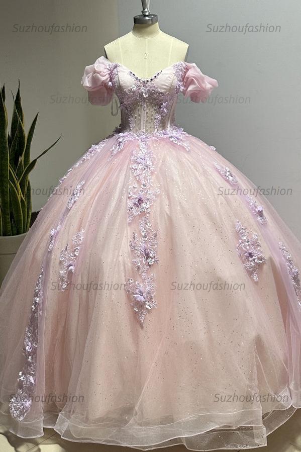 Luxury Ball Gown Sweetheart Neck Puff Sleeves Lace Appliques Beaded Pink Tulle Princess Evening Party Gowns Quinceanera Dress For Sweet 16