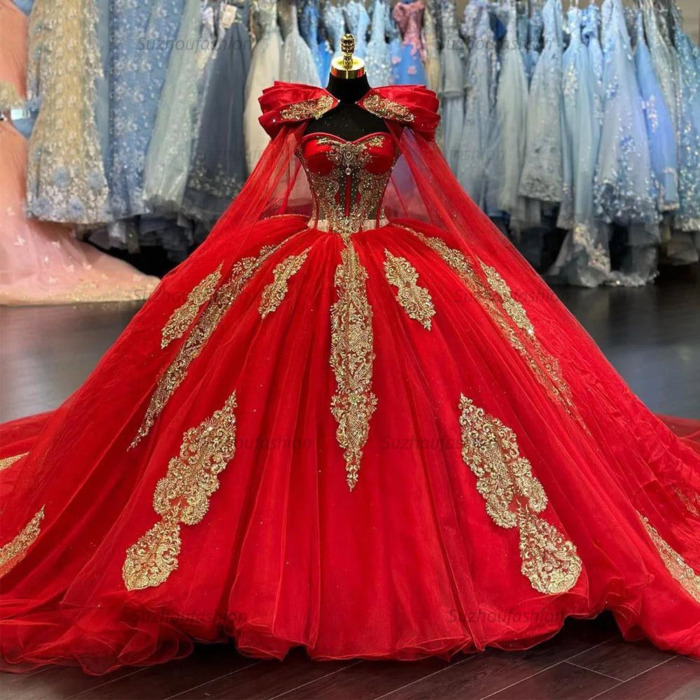 Luxury & Gorgeous Sweetheart Neck Long Sleeves Gold Appliques Red Tulle Quinceanera Dress Birthday Party Gown For Sweet 16