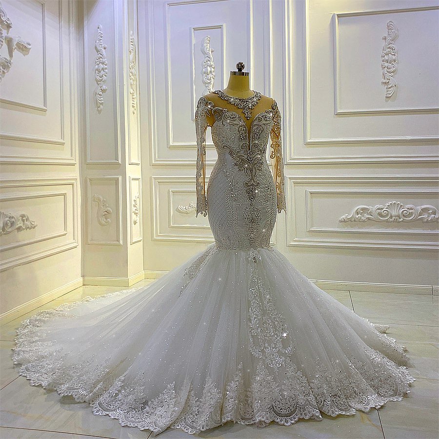 Luxury Jewel Crystal Tulle Ruffles Appliques Mermaid Wedding Dresses With Long Sleeves