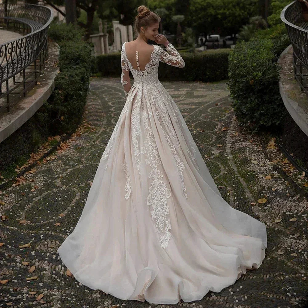 Luxury Lace Applique Wedding Dresses Long Sleeve Women's Elegant Muslim Sweetheart Fine Champagne Bridal Gowns Trailing Dress De (ZD14149)