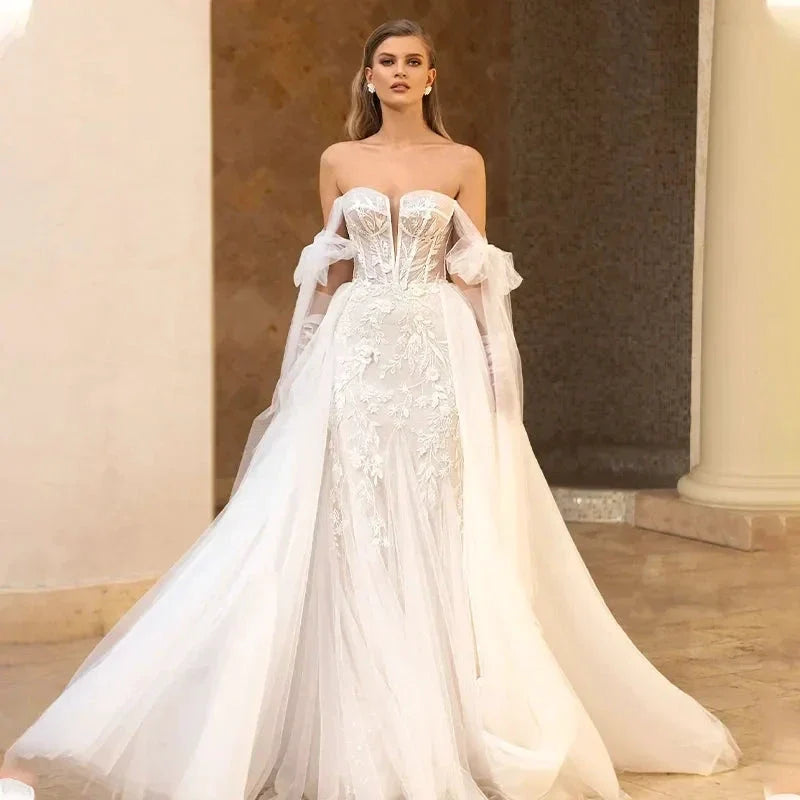 Luxury Mermaid Wedding Dresses Thick Staps Detachable Train 2 In 1 Lace Applique Wedding Gowns Tailor-Made (ZD13484)