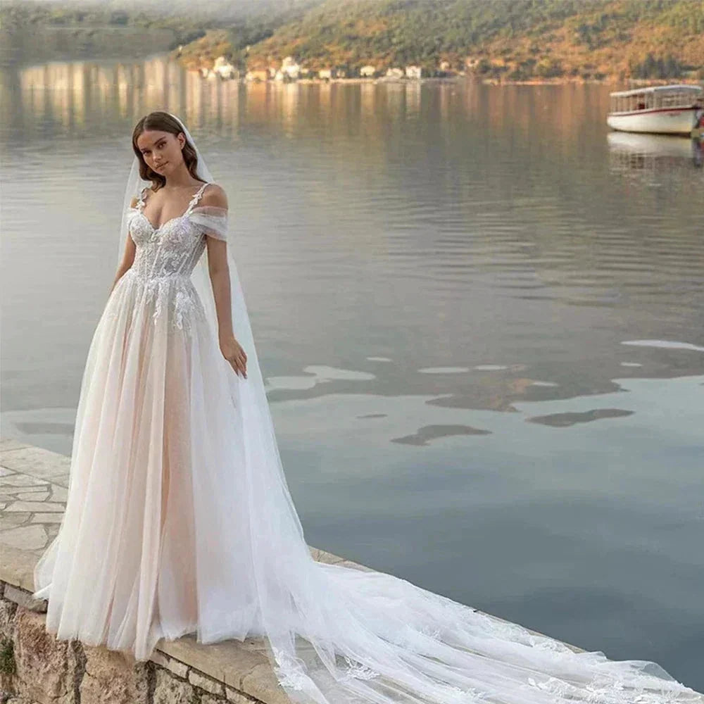 Luxury Off Shoulder Sleeveless Sexy Lace Mopping Beautiful Wedding Dresses Boho Backless Charming Simple Bridal Gowns New 2023 by payinti