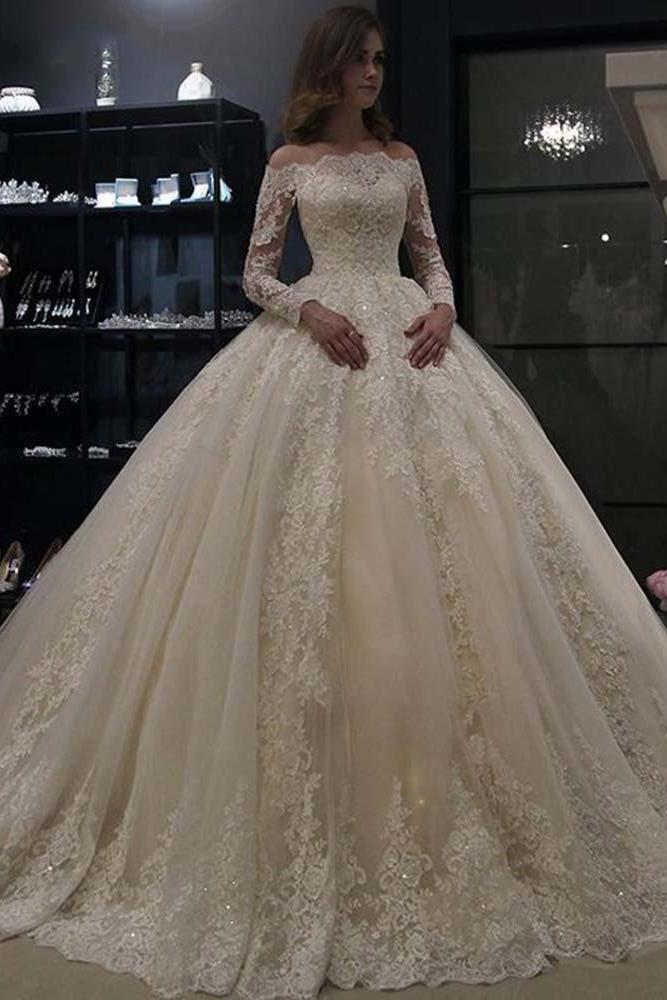 Luxury Off The Shoulder Tulle White Lace Appliques Ball Gown Wedding Dresses