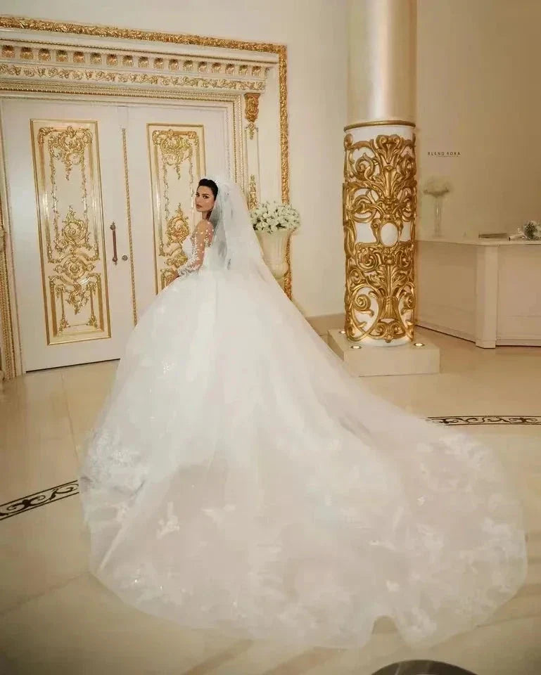 Luxury Sparkly Wedding Dresses 2024 Sheer Neck Glitter Sequins Long Sleeves Lace Applique Elegant Bridal Gowns Vestido De Novia (ZD14115)