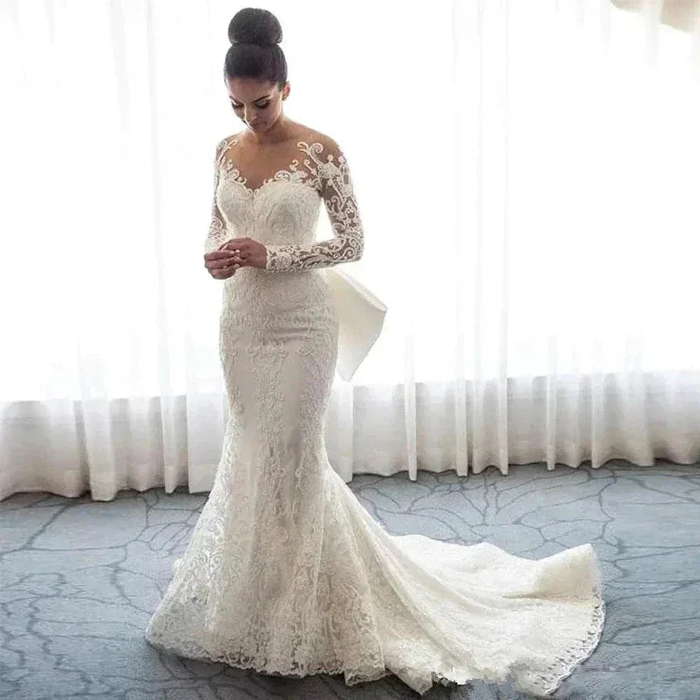 Luxury Women's Lace Wedding Dresses Detachable 2-Piece Set Gorgeous Decal Mermaid Long Sleeve Princess Formal Beach Bride Gowns (ZD13318) - VelvetHem