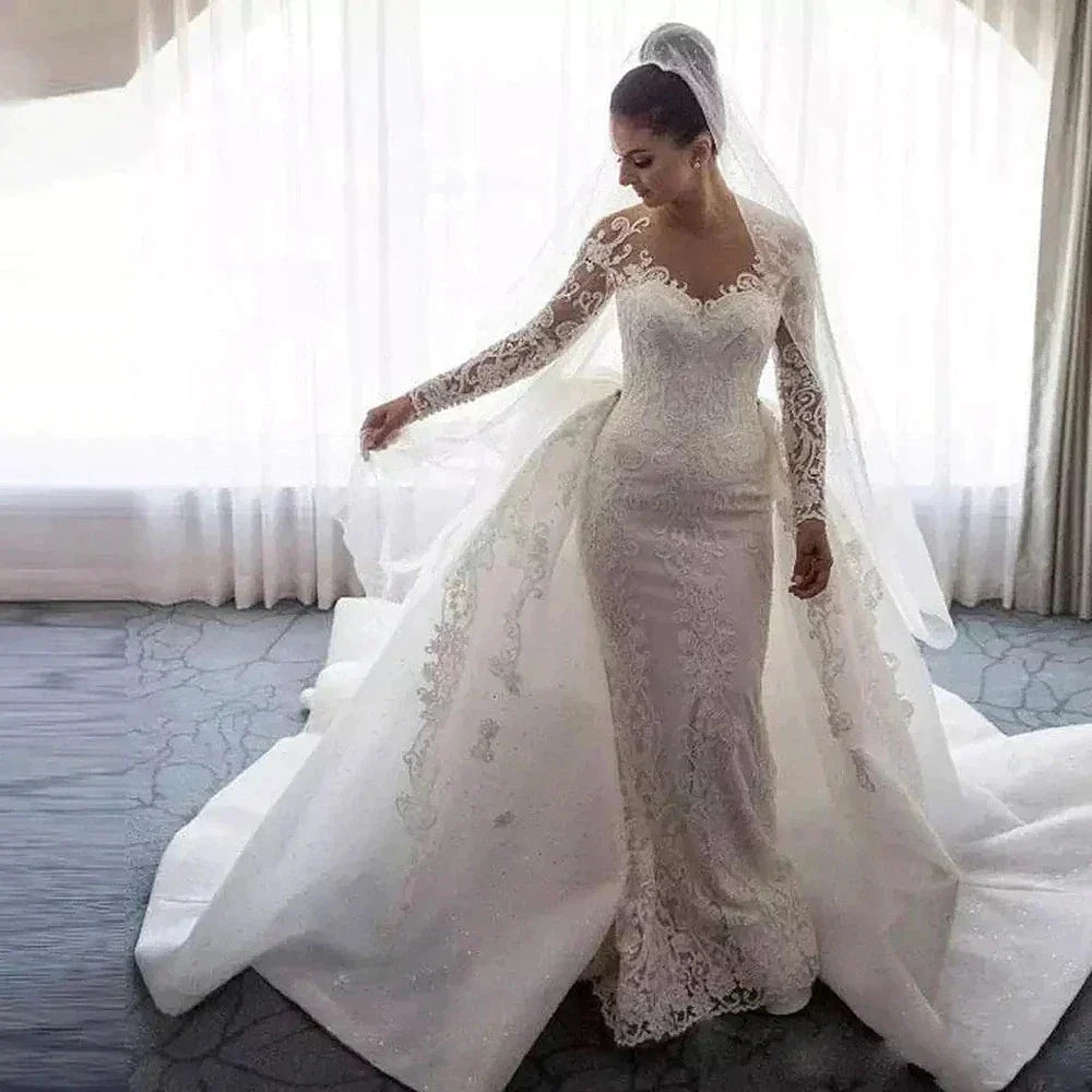 Luxury Women's Lace Wedding Dresses Detachable 2-Piece Set Gorgeous Decal Mermaid Long Sleeve Princess Formal Beach Bride Gowns (ZD13318) - View 4 | VelvetHem