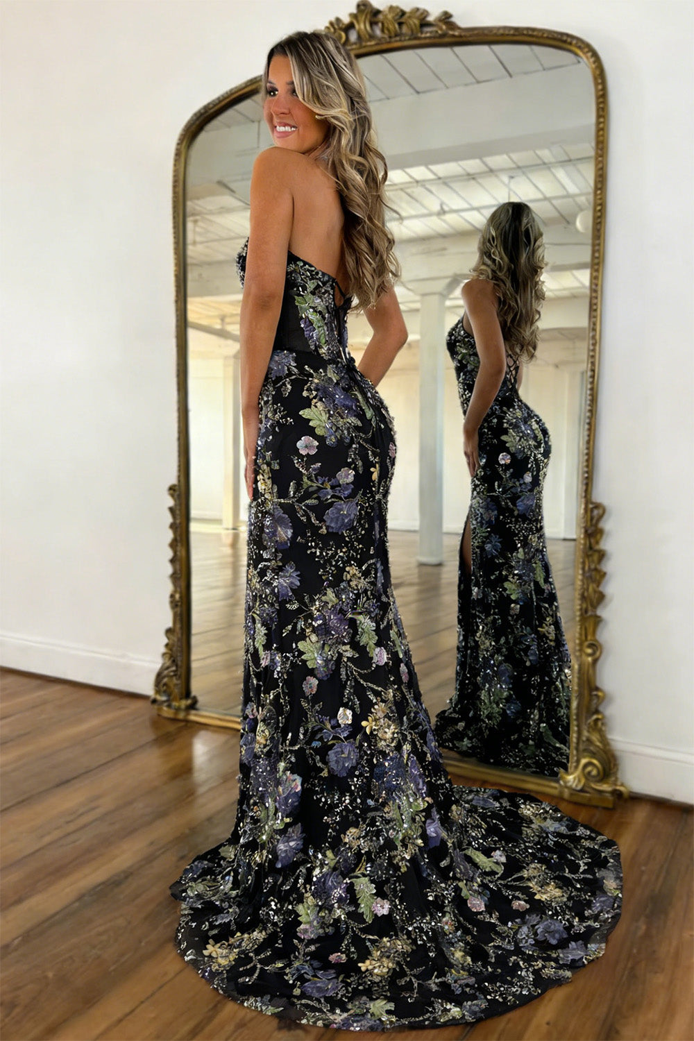 Fashionable Mermaid Spaghetti Straps Black Floral Lace Up Sequin Prom Dress