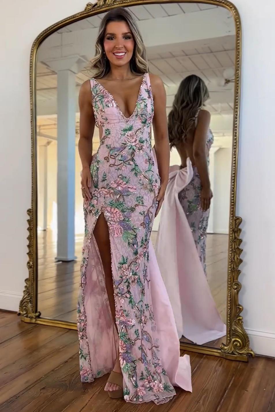 Hot Mermaid Deep V Neck Pink Long Prom Dress with Embroidery Bowknot