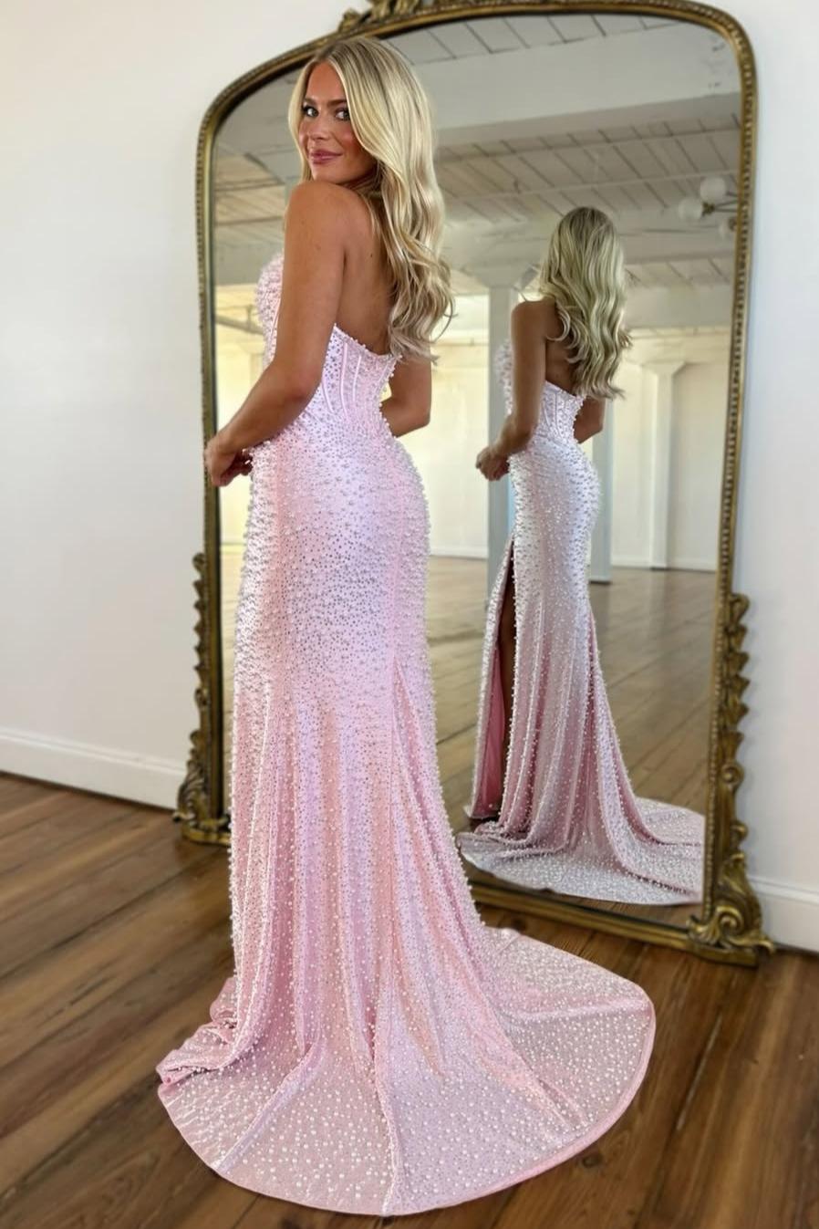 Luxury Mermaid Halter Neck Pink Corset Prom Dress with Pearls and Slit