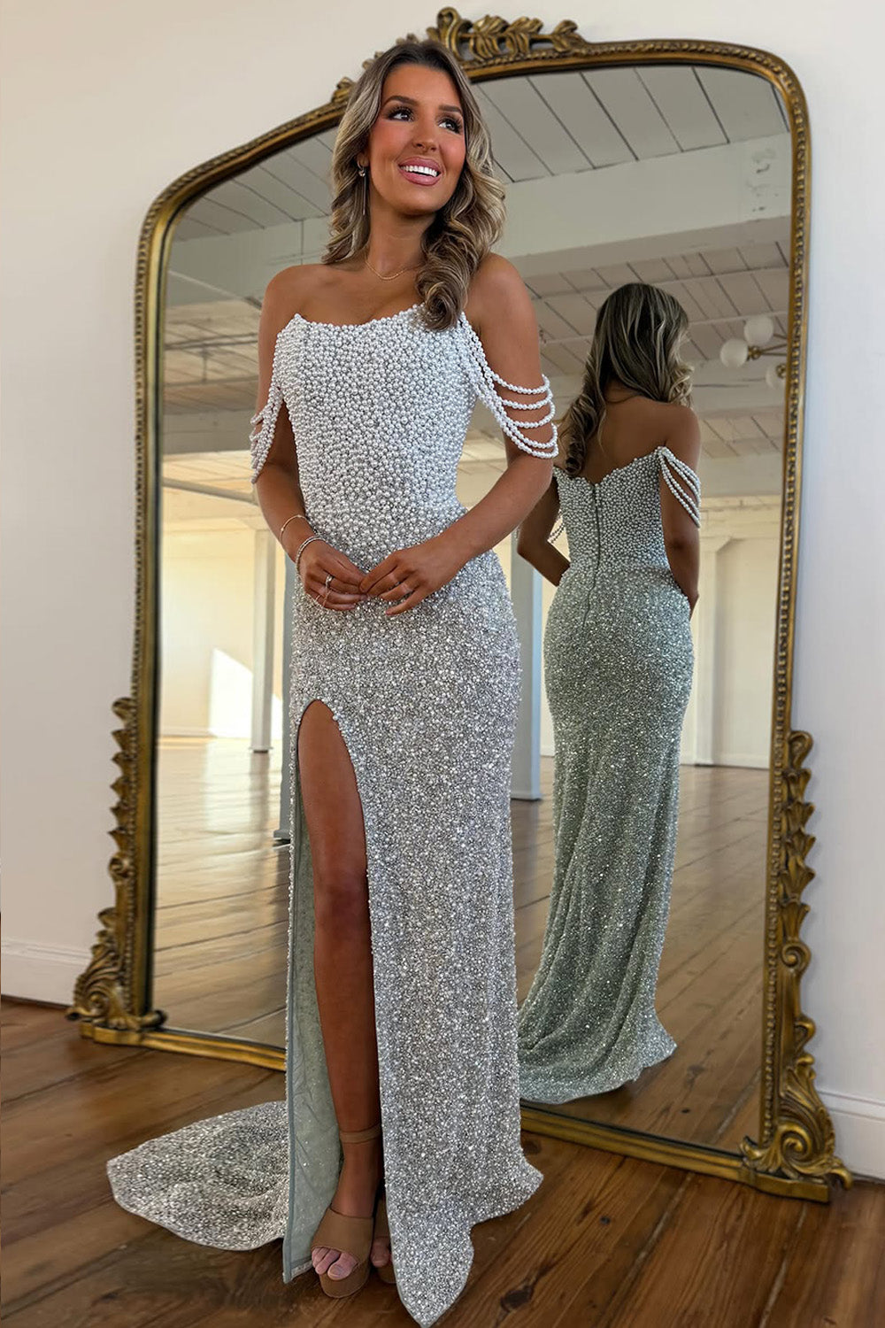 Luxurious Mermaid Off Shoulder Silver Pearl Embellished Prom Gown with Train