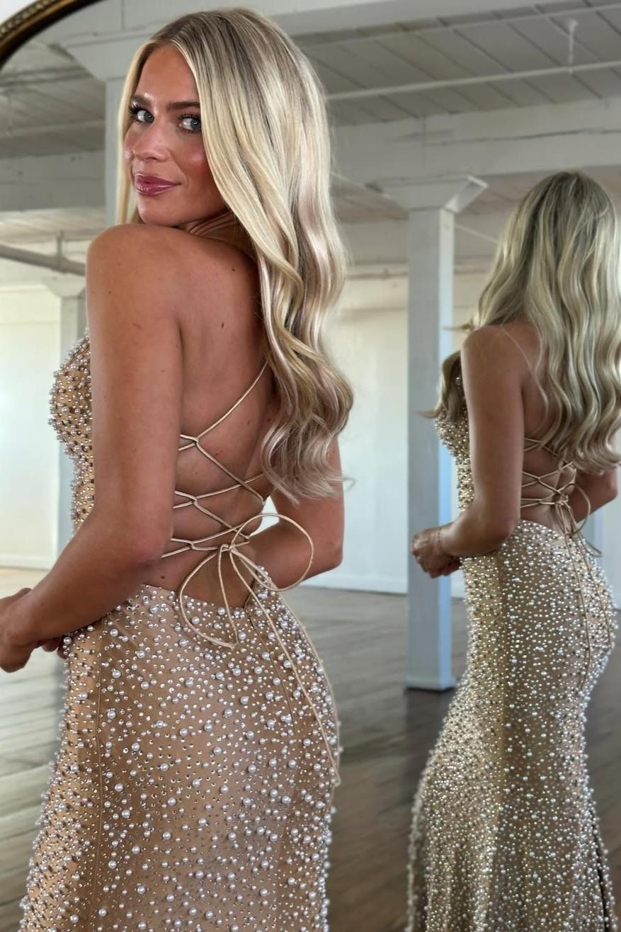 Glamorous Spaghetti Straps Light Blue Mermaid Prom Dress with Pearl Beaded