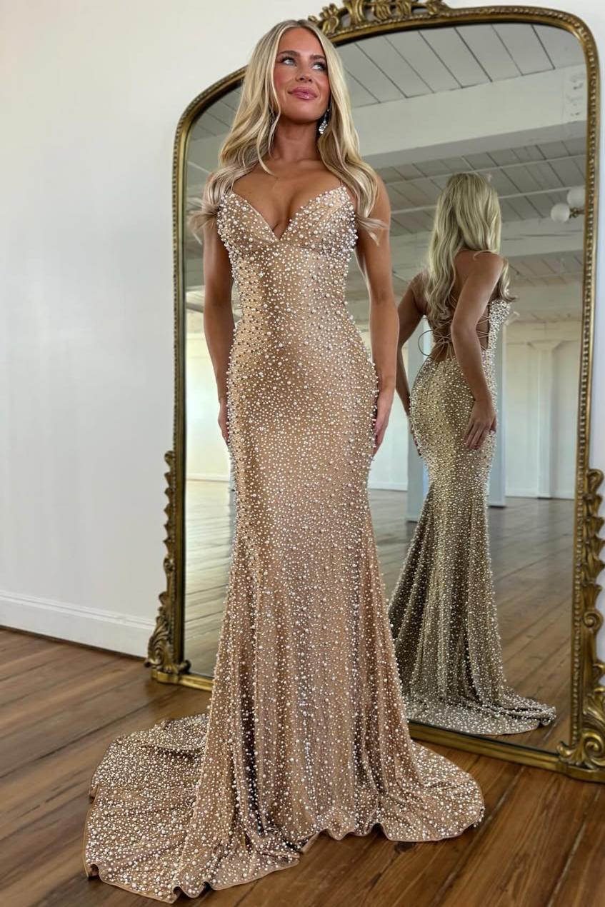 Glamorous Spaghetti Straps Light Blue Mermaid Prom Dress with Pearl Beaded