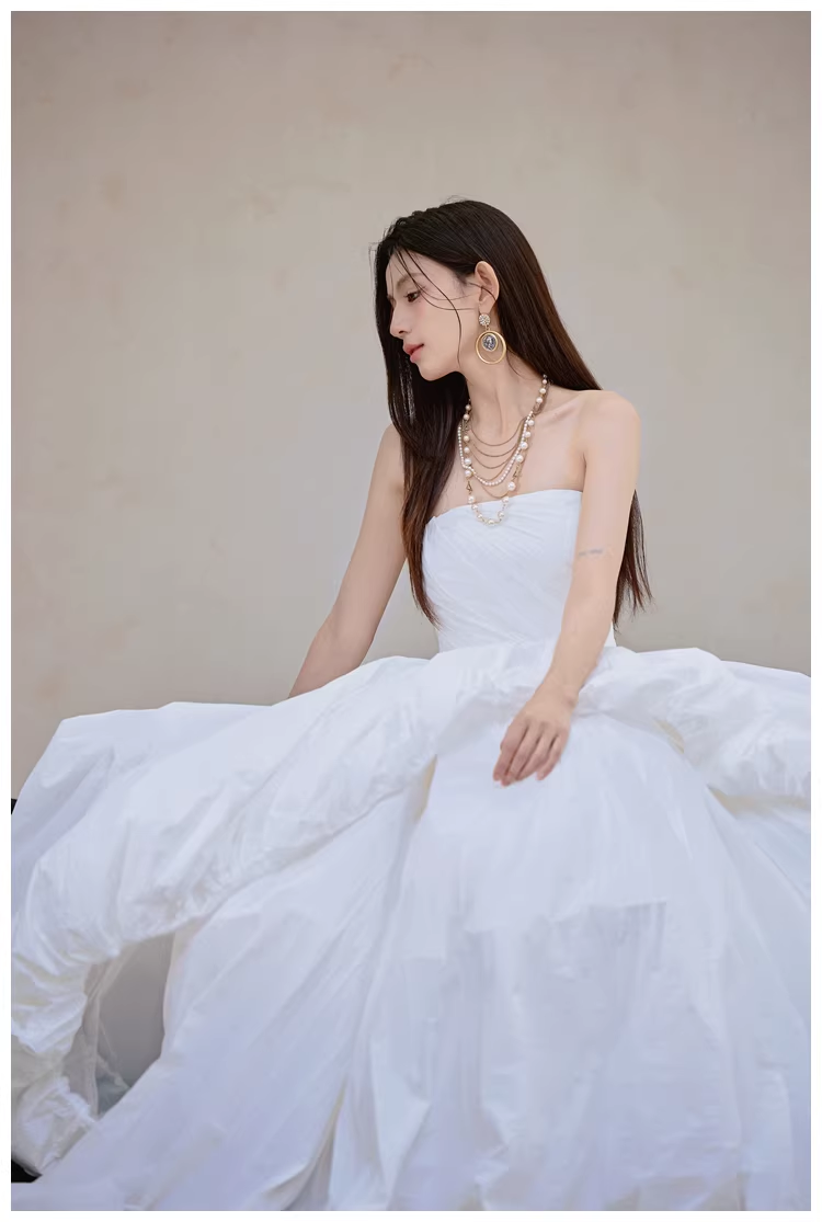 Charming Strapless White Satin Pleated Puff Birthday Party Dress Formal Prom Dresses - View 7 | FashionDia