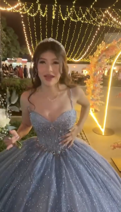 Glitter Spaghetti Straps Blue Tulle Sequin Beaded Ball Gown Formal Birthday Quinceanera Dress - View 5 | FashionDia