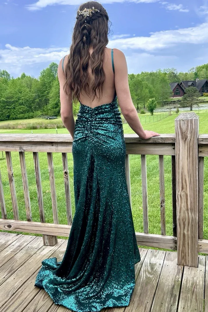 Vintage Green Spaghetti Strap V-Neck Sequin Mermaid Slit Evening Dress Long Party Dress - View 2 | FashionDia