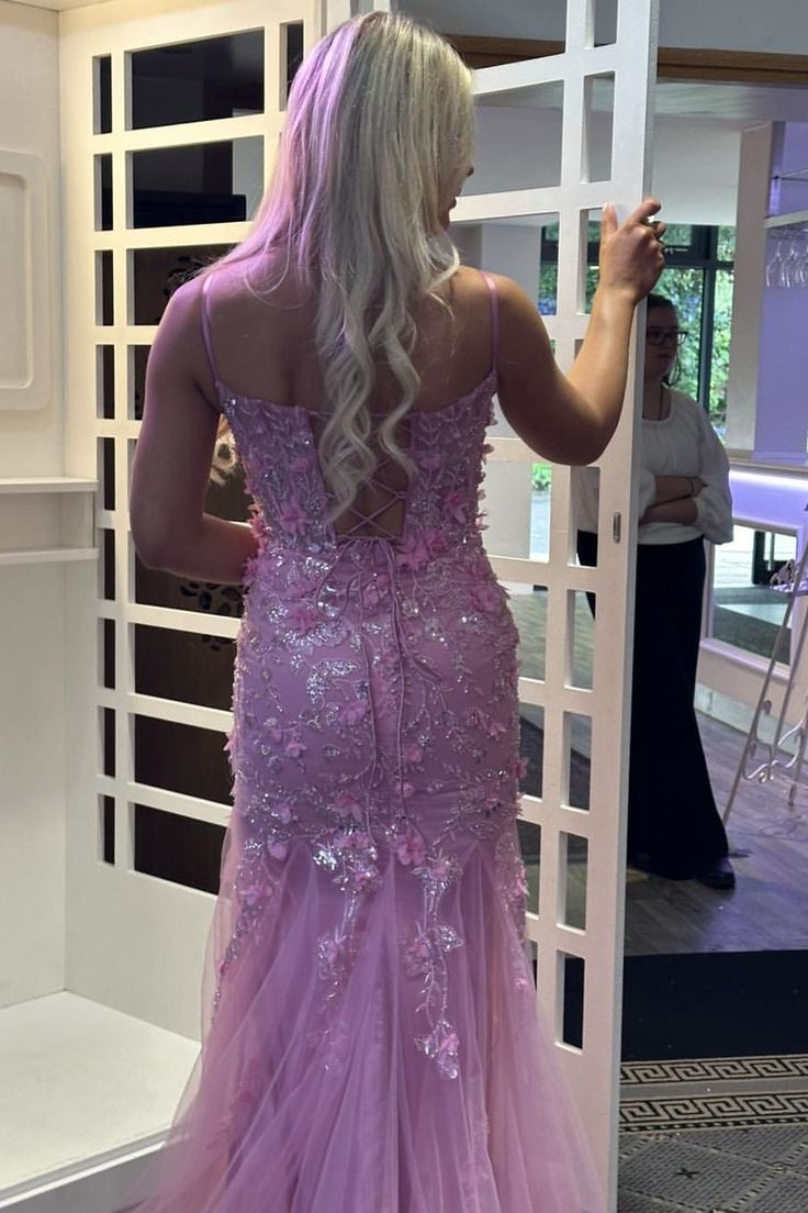 Beautiful Pink Spaghetti Straps Tulle Lace Appliques Mermaid Evening Dress Long Prom Dress Y7851 - View 2 | VelvetHem