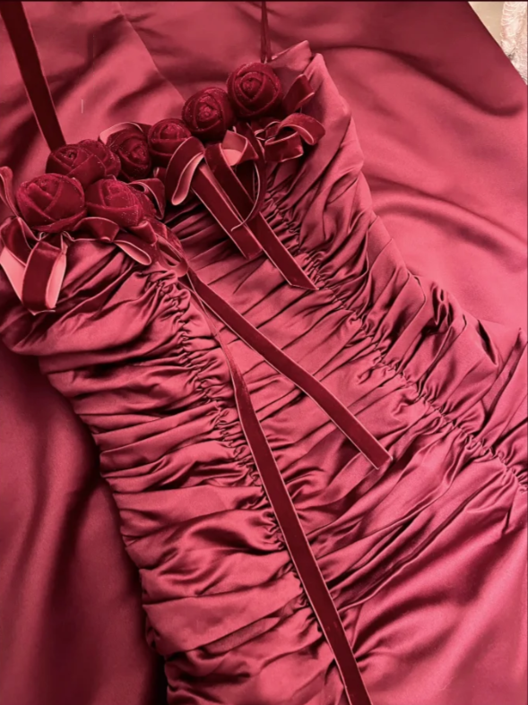 Pretty Strapless Burgundy Satin Pleated Mermaid Party Dress Long Wedding Guest Dress With 3D Flowers - View 5 | FashionDia
