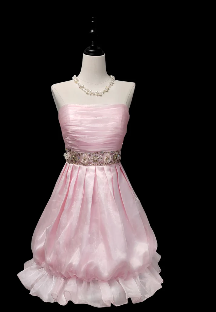 Unique Pink Strapless Tulle Beaded A Line Short Homecoming Dress 16th Birthday Outfits