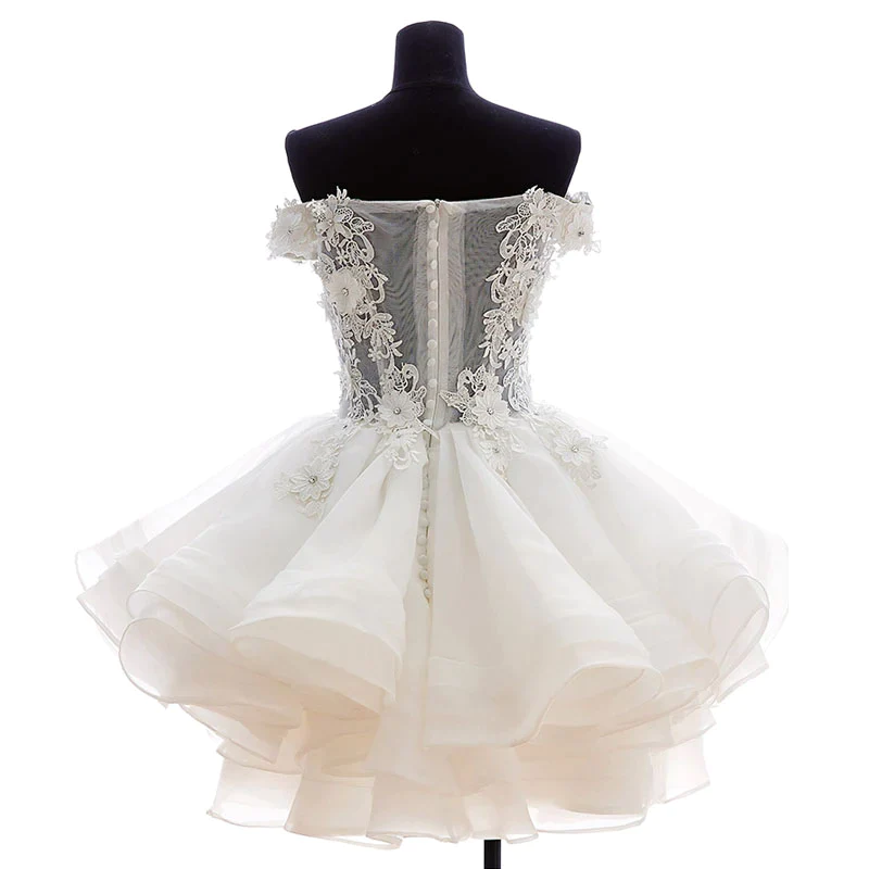 White sweetheart lace applique short cute white homecoming dress Off-the-Shoulder Organza Short Lace Applique Teen Formal Dress - View 3 | FashionDia