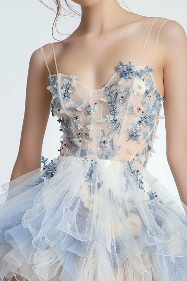 Classy Spaghetti Straps Tulle Beaded Applique A-Line Short Birthday Outfits Formal Graduation Homecoming Dress - View 2 | FashionDia