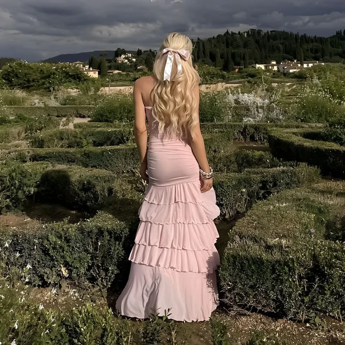 Sweet Pink Chiffon Strapless Evening Dress Multi-Layered Slit Prom Party Dress - View 5 | FashionDia