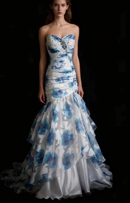 Elegant Sweetheart Neck Blue Tulle Print Floral Mermaid Long Prom Dresses Birthday Party Dress
