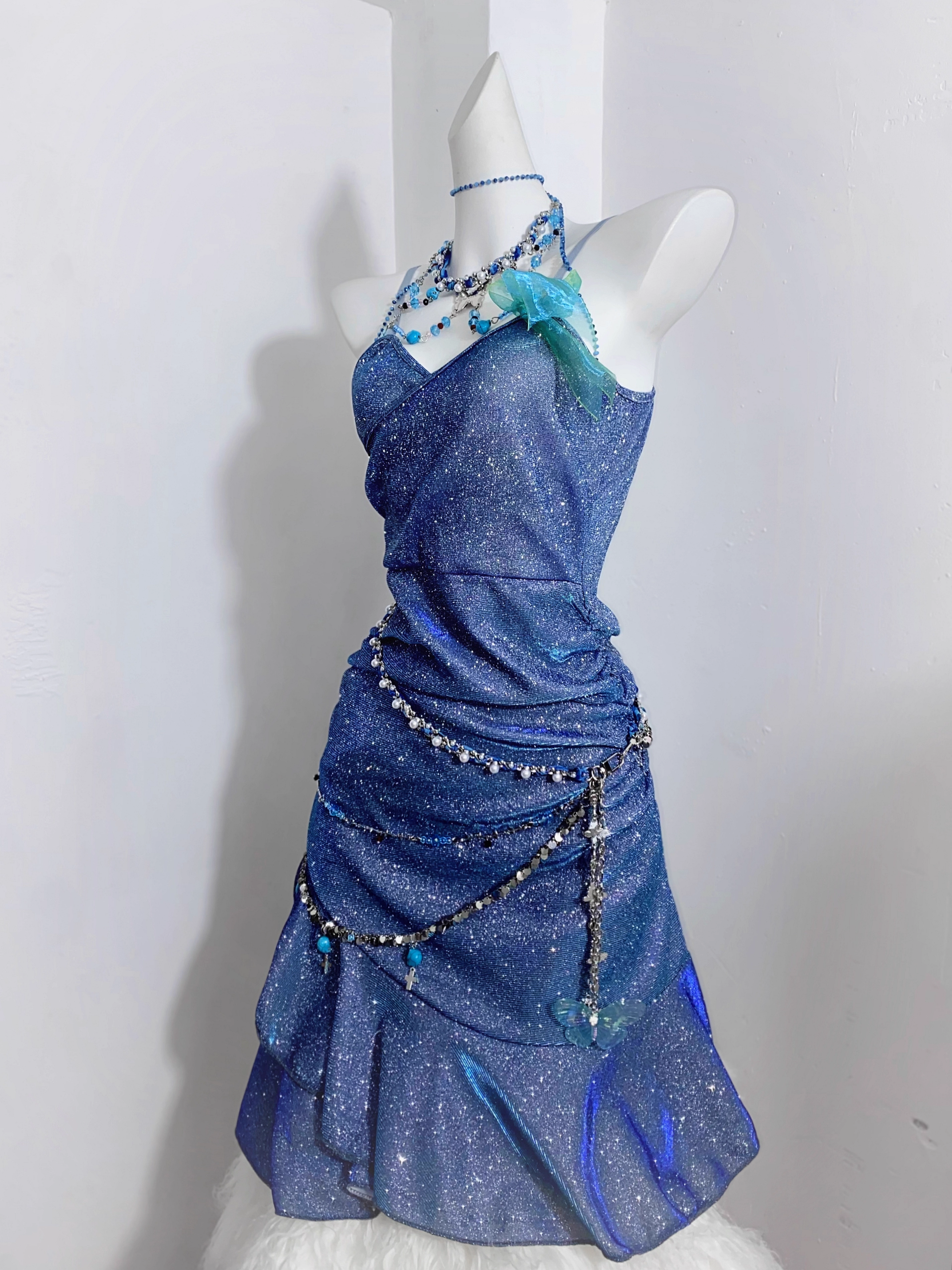 Glitter Blue Spaghetti Straps Short Ruffle Cocktail Dress Formal Homecoming Dress - View 5 | FashionDia