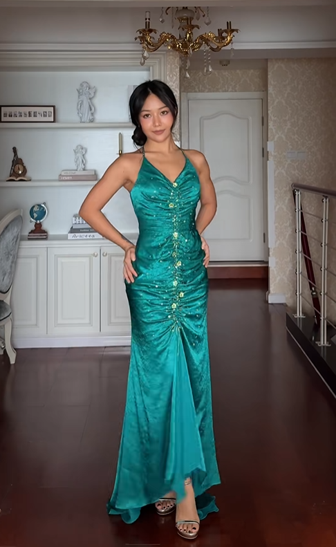 Classy Halter Green Satin Beaded Mermaid Evening Dress Formal Birthday Party Dress - FashionDia