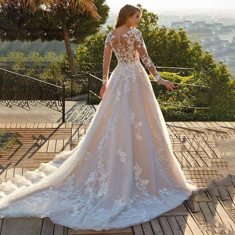 Elegant Lace A-line Wedding Dress Full Sleeves Court Train O-neck Buttons Vestido De Novia Bridal Gown Custom Made (ZD13552)