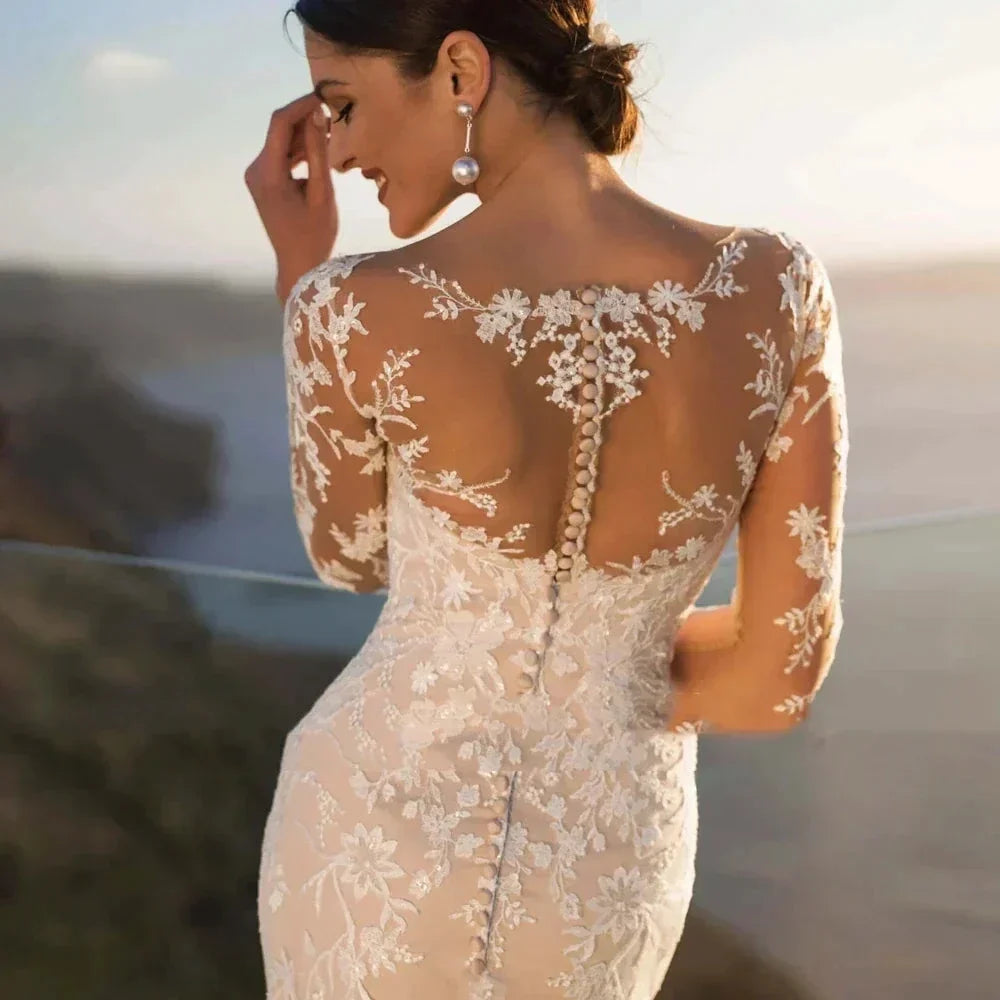 MACDUGAL Wedding Dress 2023 Luxury Sexy Lace Self-Cultivation Detachable Train Elegant Long Sleeves Button Vestido De Novia (ZD14270)