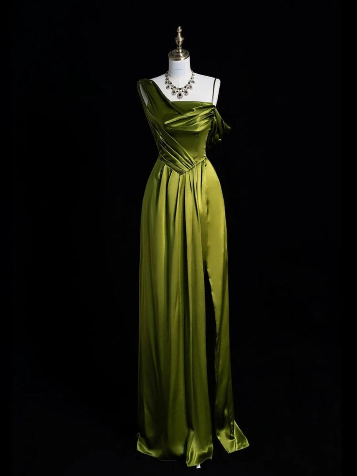 Lovely Green Satin One Shoulder Prom Dress A-line Slit Party Dress