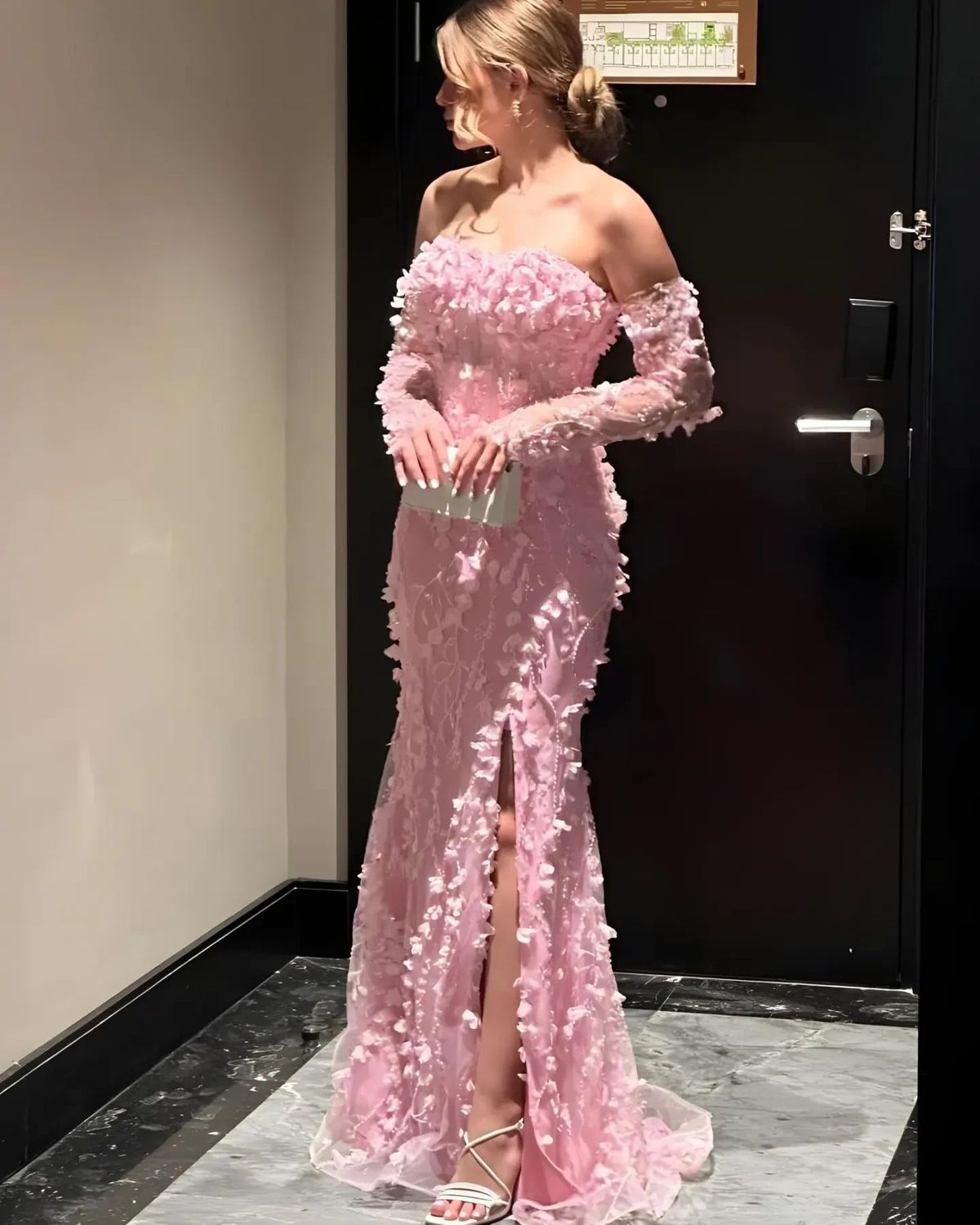 Elegant Pink Strapless Tulle Appliques Beaded Slit Mermaid Evening Dress Long Party Dress - FashionDia