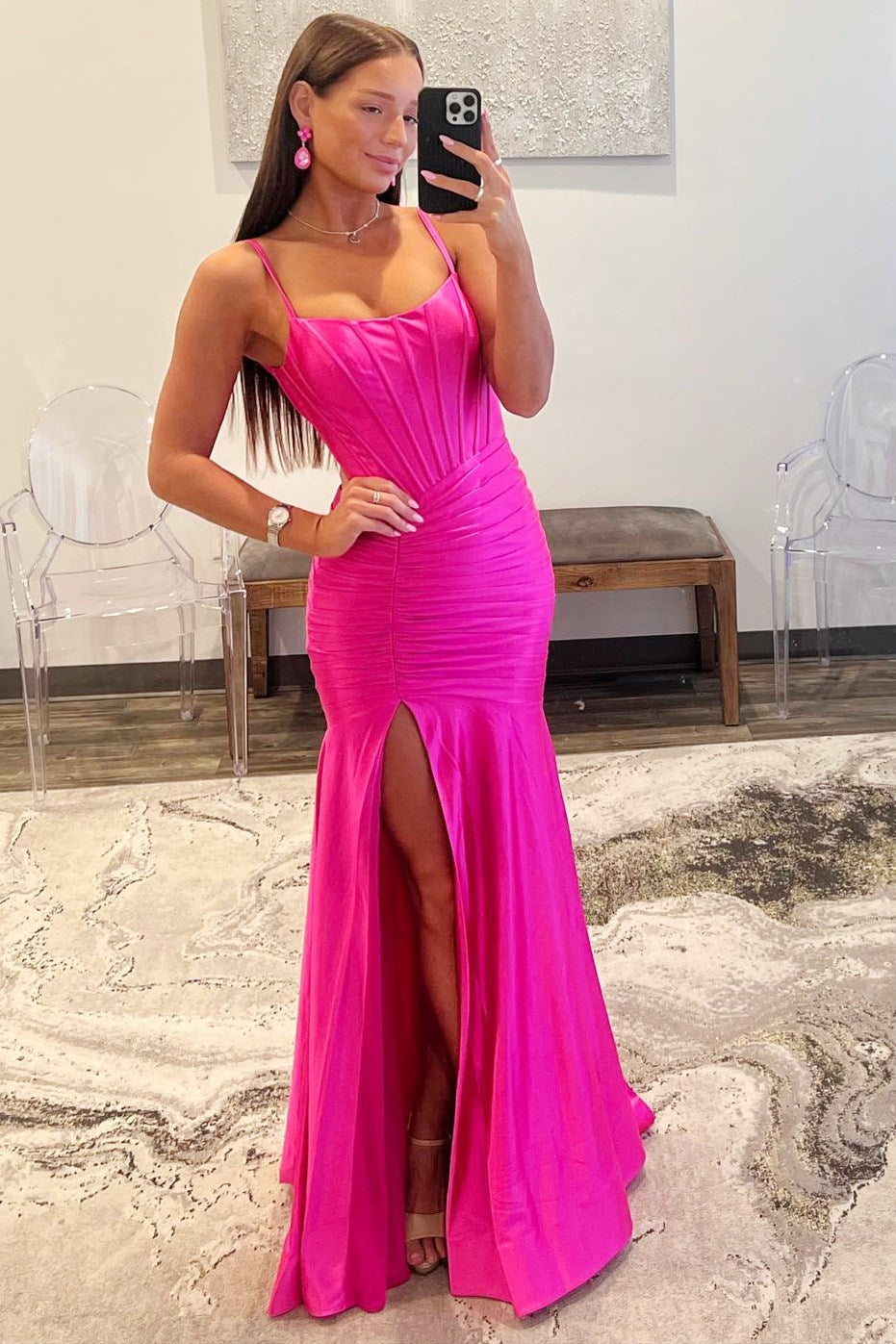 Mermaid Scoop Neck Satin Prom Dress with Slit - View 3 | VelvetHem