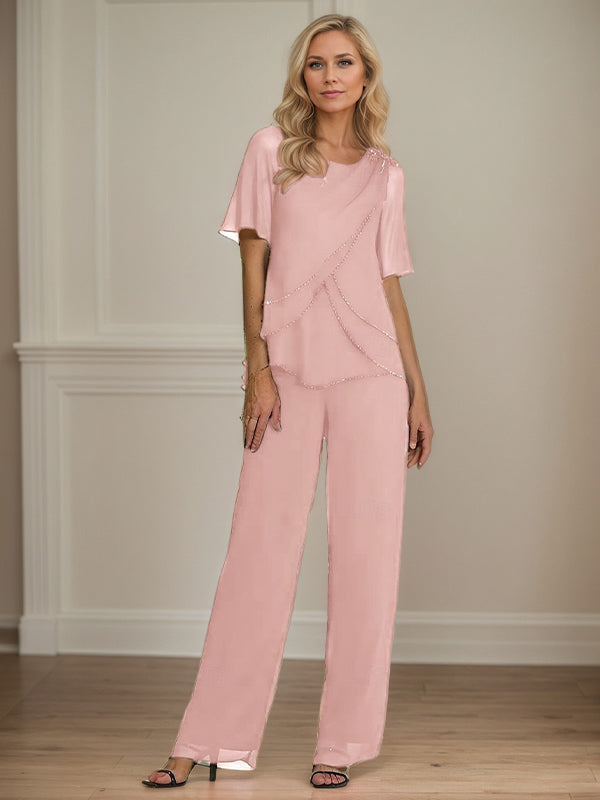 2 Piece Jumpsuit / Pantsuit Crew Neck Floor Length Chiffon Mother of the Bride Dress