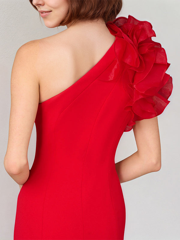 Red Stretch Crepe One Shoulder Sleeveless Ankle Length Dress With Ruffles