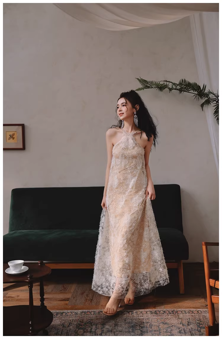 Elegant Sleeveless Lace Backless Long Birthday Party Dress Evening Gown