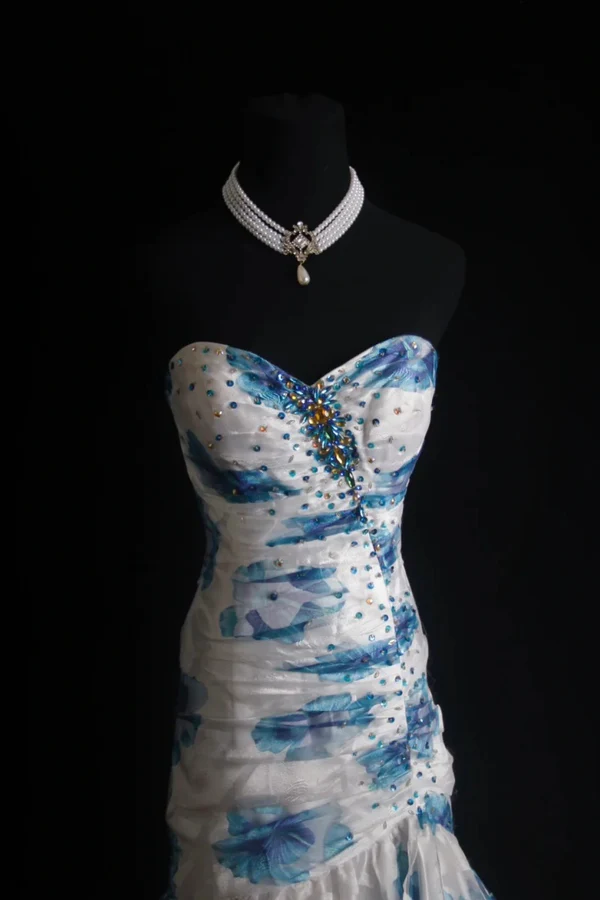 Elegant Sweetheart Neck Blue Tulle Print Floral Mermaid Long Prom Dresses Birthday Party Dress